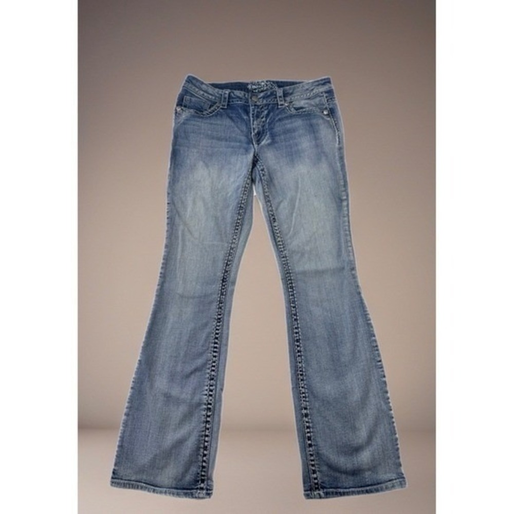 Paisley Sky Flare Jeans Women 10 Blue Denim Embroidered Flap Pocket Stretch‎